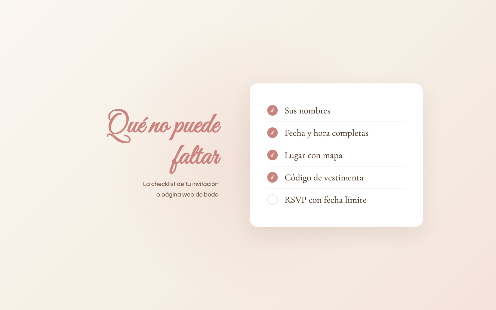 Checklist de información para una invitación de boda: nombres, fecha, lugar, vestimenta y RSVP