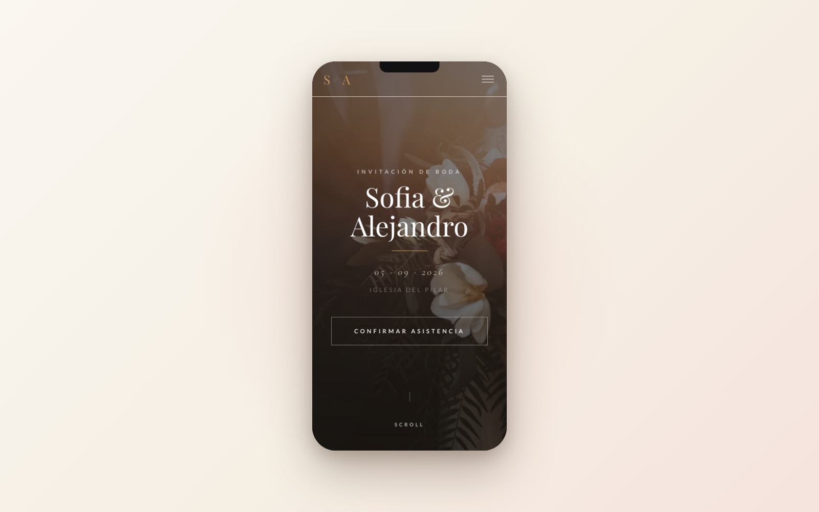 Invitación digital de boda vista en un celular, con los nombres de la pareja y botón de confirmar asistencia