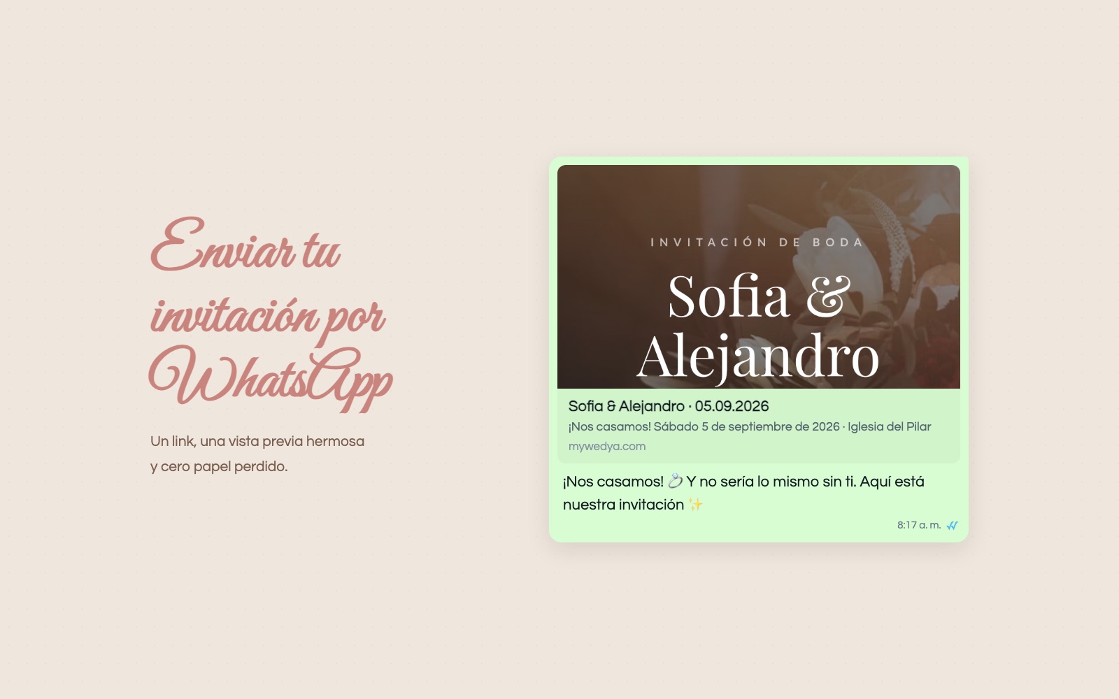 Invitación de boda enviada por WhatsApp con vista previa de la foto de portada y mensaje de la pareja