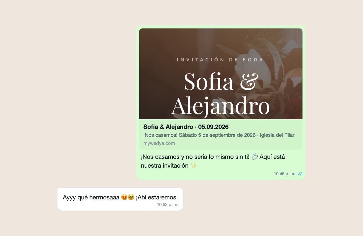 Chat de WhatsApp mostrando una invitación de boda digital con vista previa y respuesta emocionada de un invitado