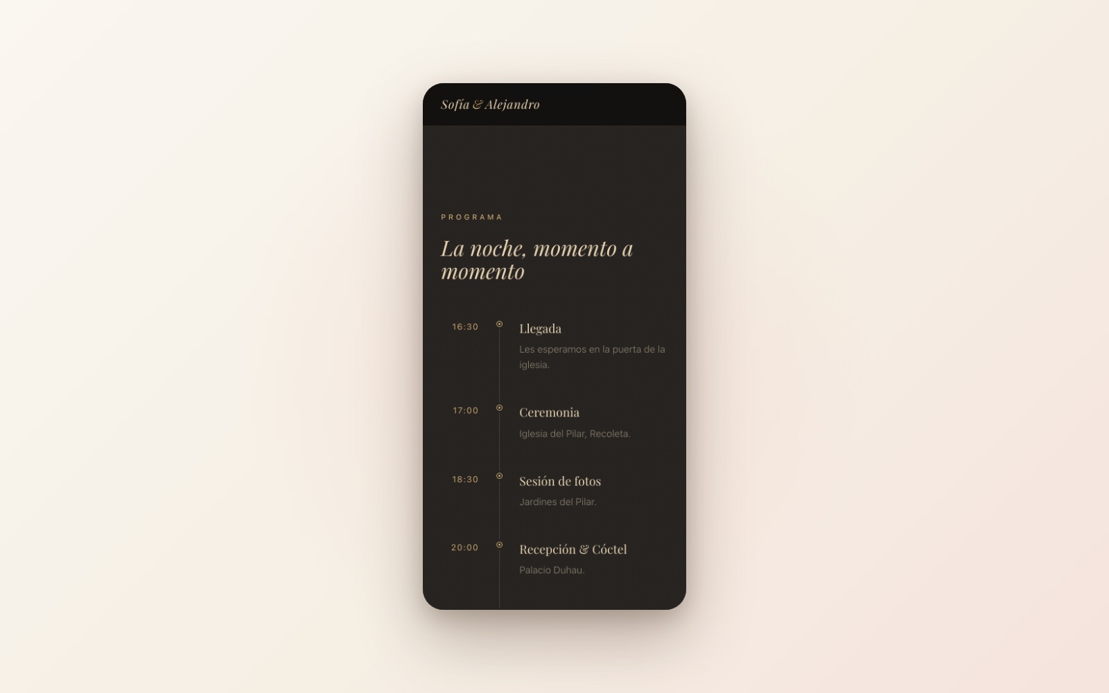 Sección del programa del día en una invitación digital de boda vista en el celular, con cronograma hora a hora