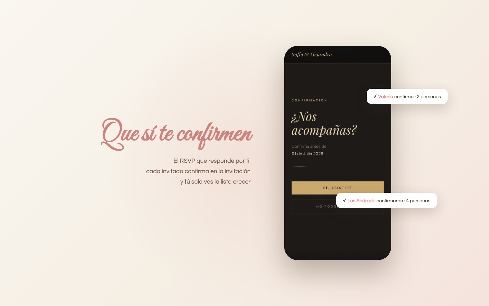 Formulario de confirmación de asistencia RSVP en una invitación digital de boda con confirmaciones llegando